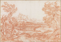 K VII 013
<br/>
Vergezicht met een rots op de voorgrond
<br/>
<em>Onofri, Crescenzio (1634-1714)</em>